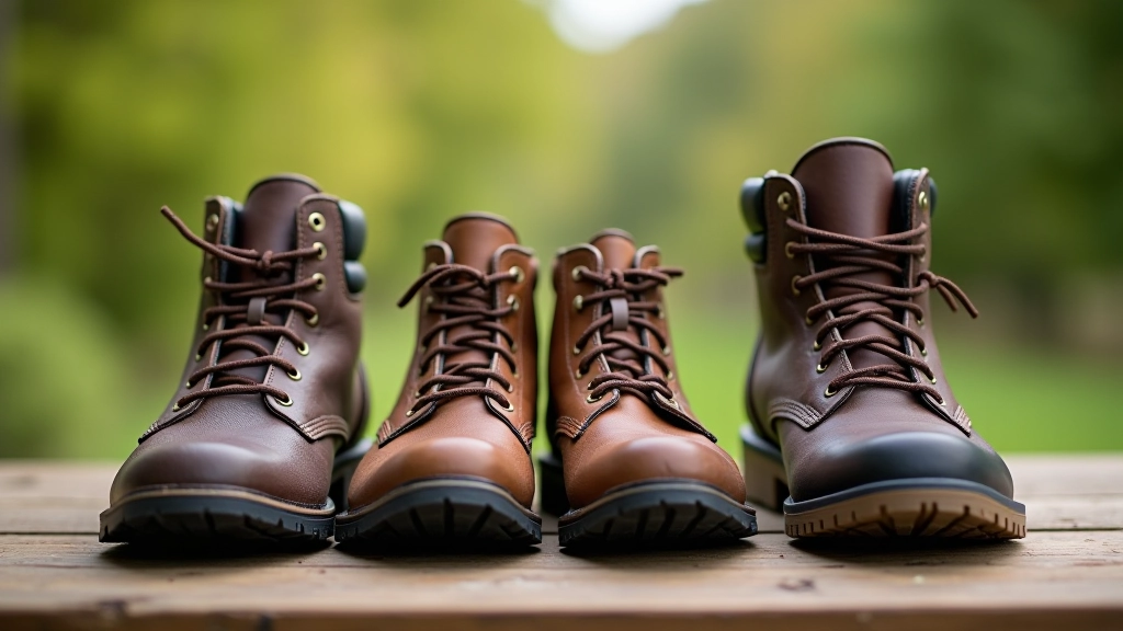 Selection of walking shoes with good grip and ankle support displayed on wooden surface, showing different styles suitable for trail walking