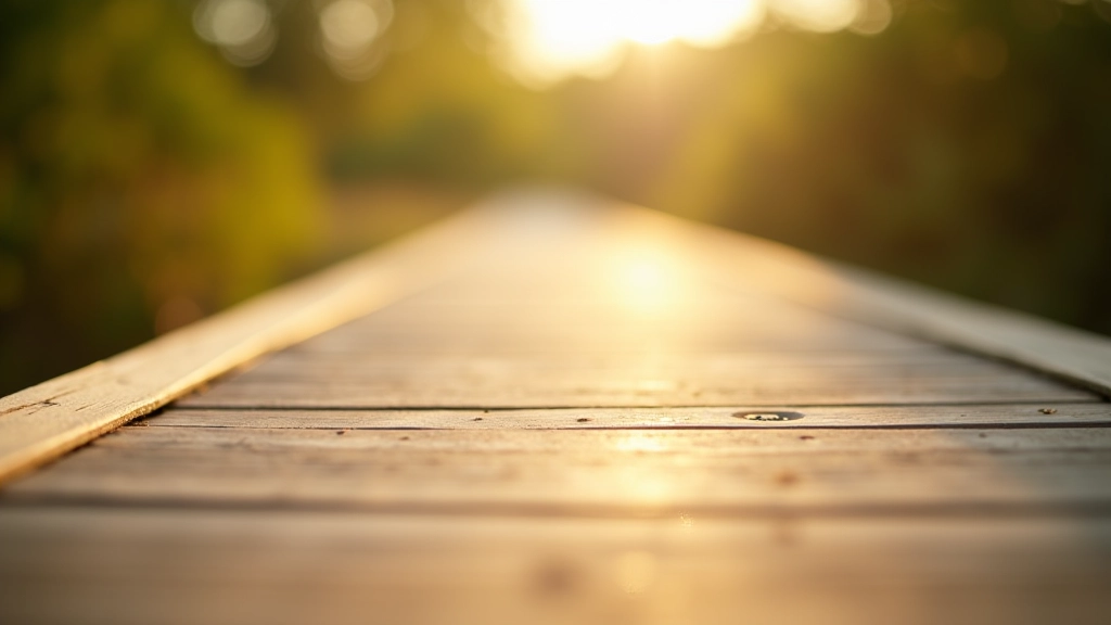 Close-up of timber boardwalk decking showing wooden construction detail with natural patina, morning light, sharp focus