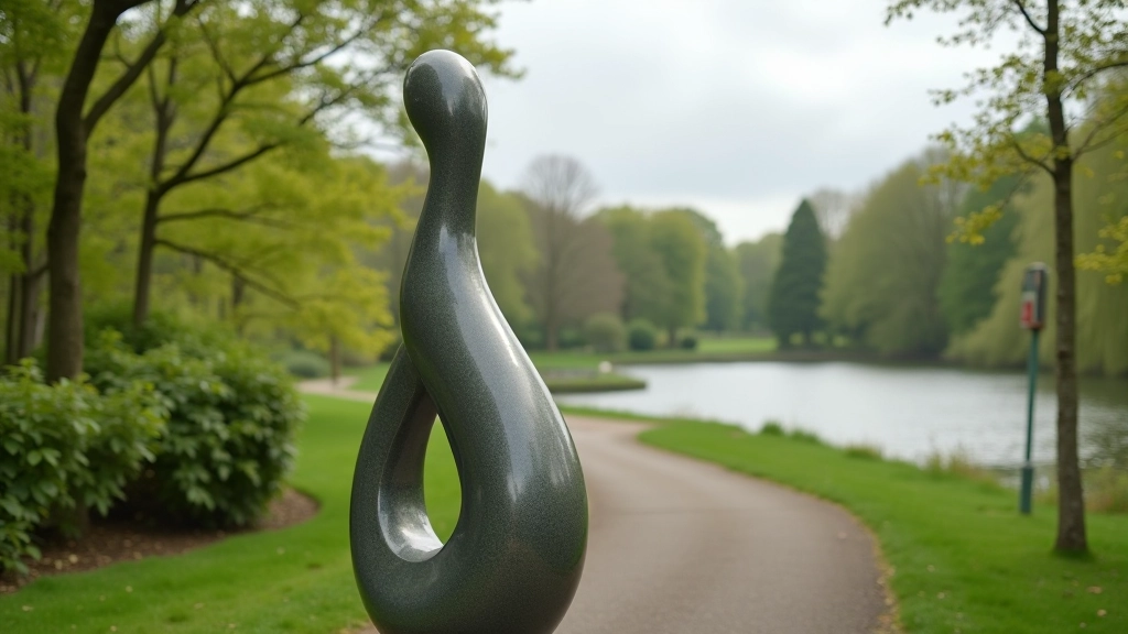 Modern sculpture artwork displayed among trees near water, contemporary art installation in natural outdoor setting