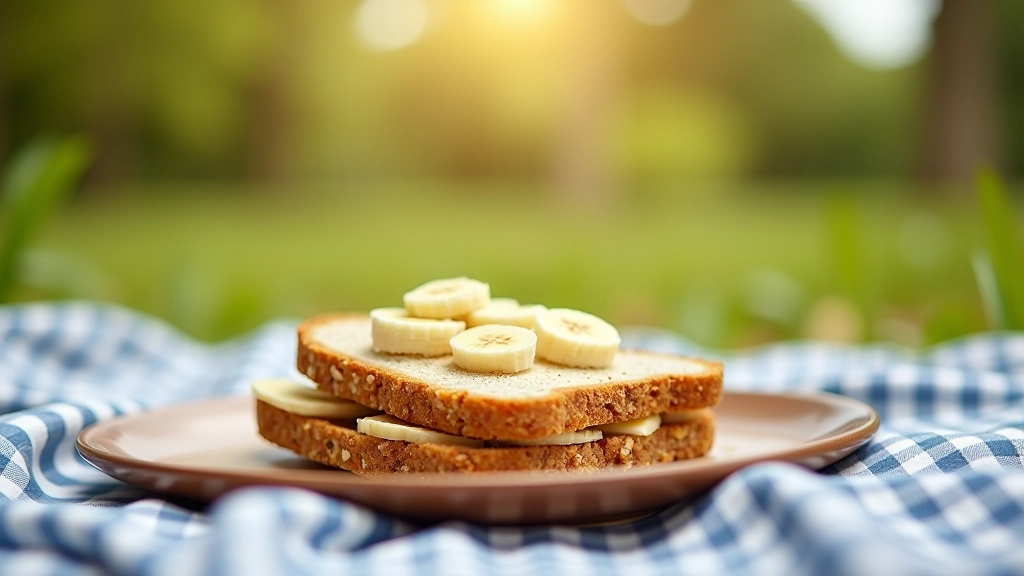 Healthy snacks including banana, granola bar, and sandwich arranged on outdoor picnic blanket with trail visible in background, natural daylight, sharp focus