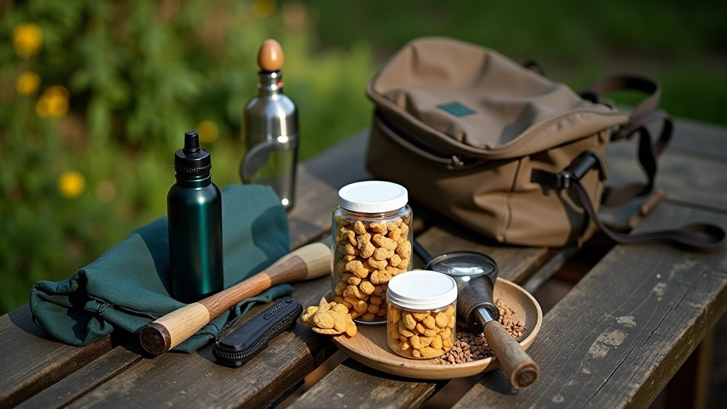 Water bottle, hiking stick, and comfortable daypack arranged on wooden surface outdoors in natural lighting