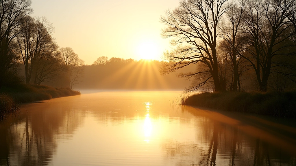 Peaceful water view from boardwalk showing reflections of trees and sky, serene landscape, golden hour lighting