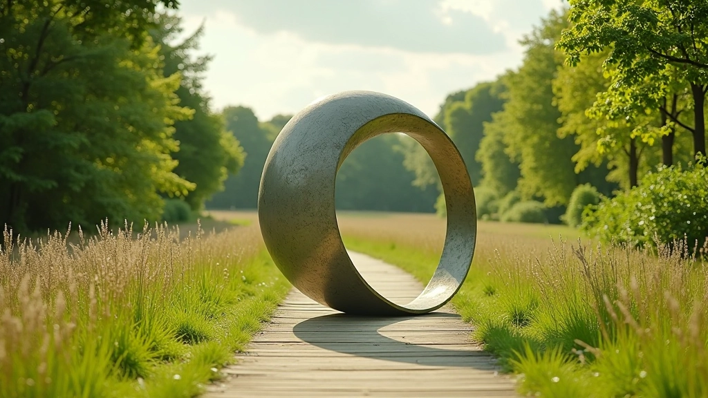 Contemporary outdoor sculpture artwork displayed among natural woodland setting with stone pathways, artistic installation in park landscape