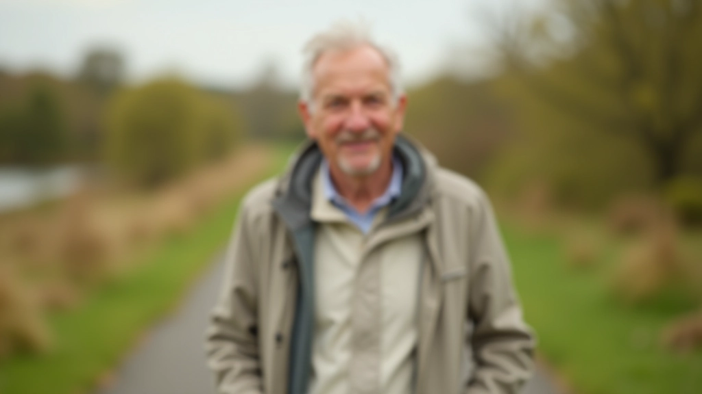 Older adult wearing comfortable walking shoes and light jacket standing on outdoor path in natural setting