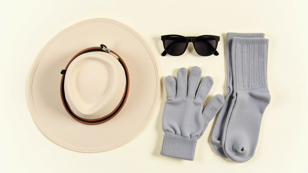 Collection of outdoor accessories including sun hat, lightweight gloves, sunglasses, and moisture-wicking socks arranged neatly on neutral background
