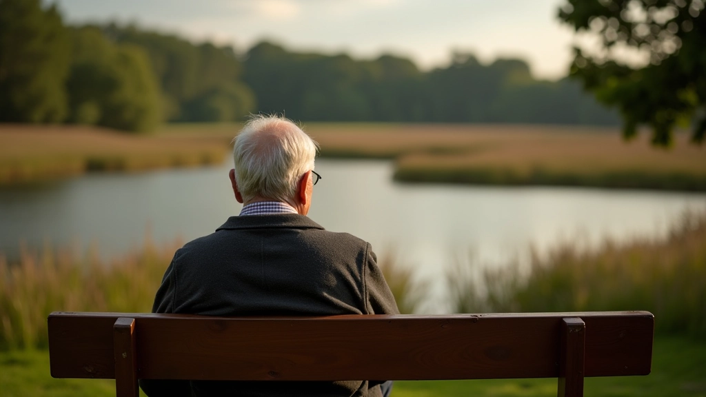 Person sitting on wooden bench overlooking wetland area, peaceful moment of rest during walk