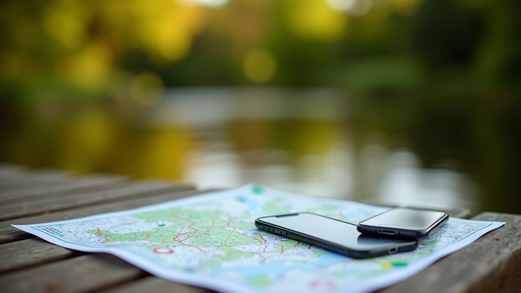 Printed trail map and smartphone showing GPS app placed on wooden table, outdoor park visible through window, natural morning light, crisp detail