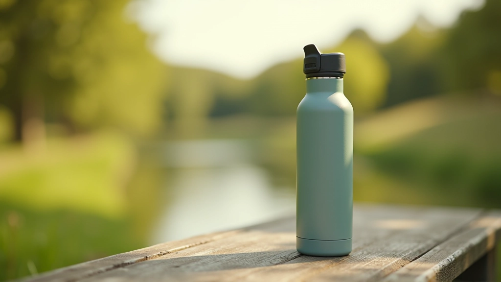 Reusable stainless steel water bottle with cap, positioned on a park bench with blurred trail background, bright daylight, sharp focus
