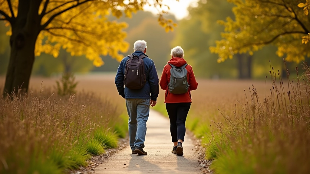 Group of older adults walking together on nature trail