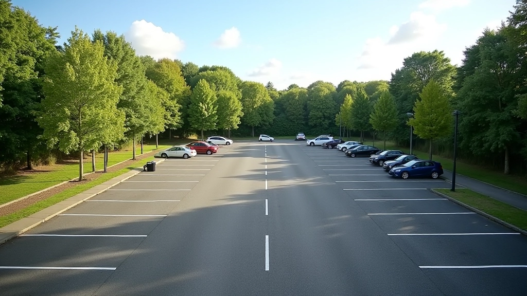 Aerial view of a spacious car park with lined spaces surrounded by natural woodland, clear weather