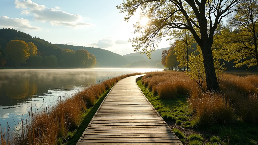 Serene lakeside boardwalk at Lough Boora with water views and natural vegetation