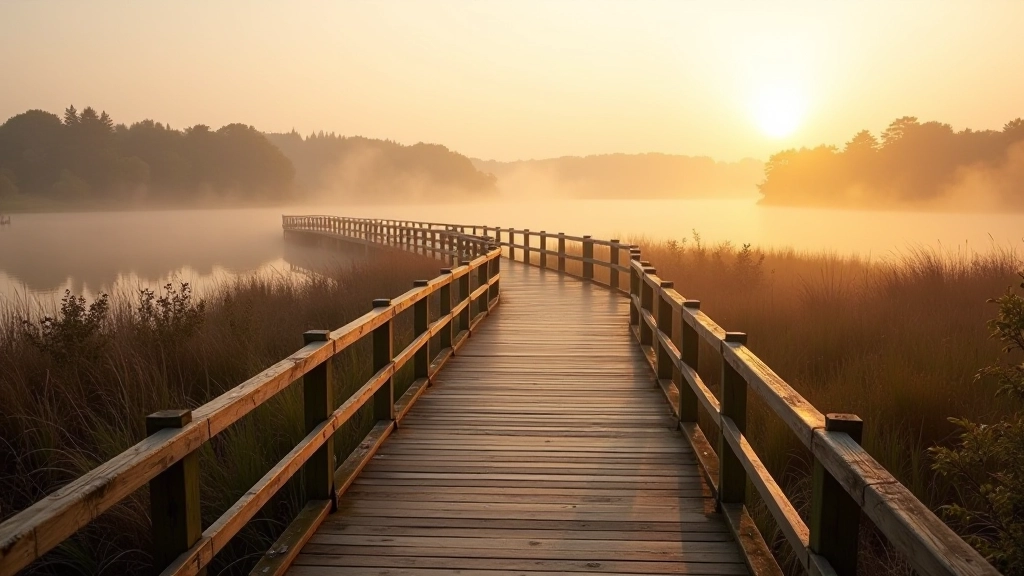 Lakeside boardwalk with railings at sunrise