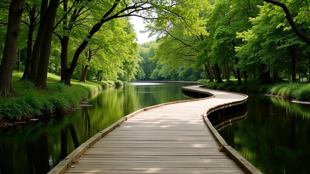Wooden boardwalk winding through natural landscape with mature trees and water reflection visible