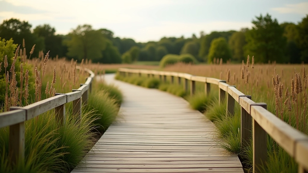 Wooden boardwalk pathway winding through natural landscape with sculptures visible in distance, accessible walking trail in parkland