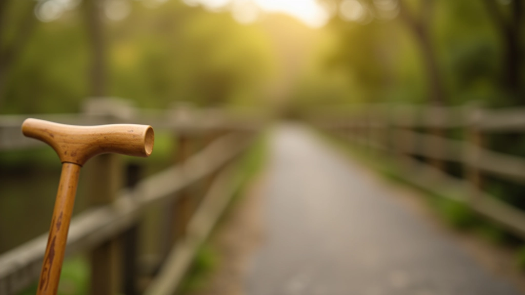 Walking stick leaning against wooden boardwalk railing, park pathway visible ahead, overcast outdoor lighting, crisp detail